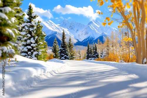 Watercolor painting of snow capped mountains in the distance, with a dense forest on both sides of a snowy path photo