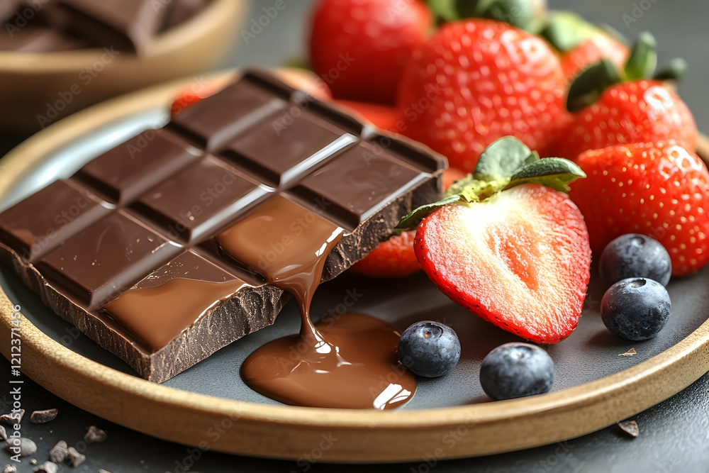 Close-up of a dark chocolate bar melting over fresh strawberries and blueberries on a plate Close-up of a dark chocolate bar melting over fresh strawberries and blueberries on a plate