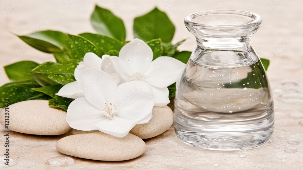 Tranquil Spa Setting with White Blossoms and Aromatic Water Tranquil Spa Setting with White Blossoms and Aromatic Water