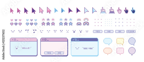 ドット絵　パステルカラーの可愛いインターネット装飾イラストセット　マウスカーソル　ウィンドウ　ピクセル　ファンシー