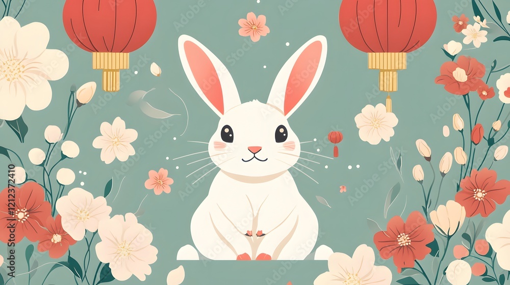 Obraz premium Charming white rabbit under lanterns surrounded by flowers festive setting illustration whimsical style