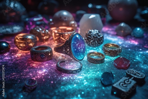 A collection of enchanted rings, amulets, and mystical runes, laid out on a glowing, multicolored aurora-inspired background, copy space background photo