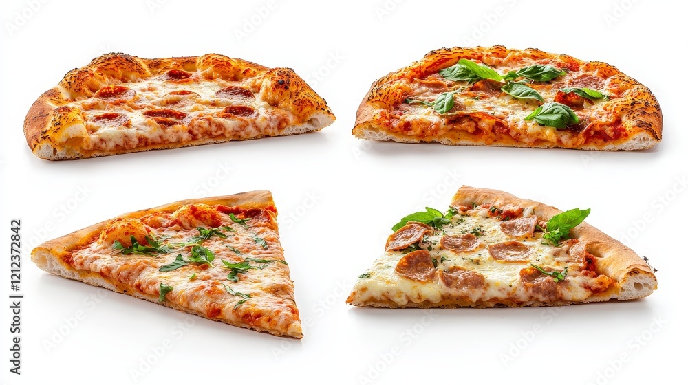 Four unique pizza slices isolated on a white background showcasing variety and toppings.
Four unique pizza slices isolated on a white background showcasing variety and toppings.