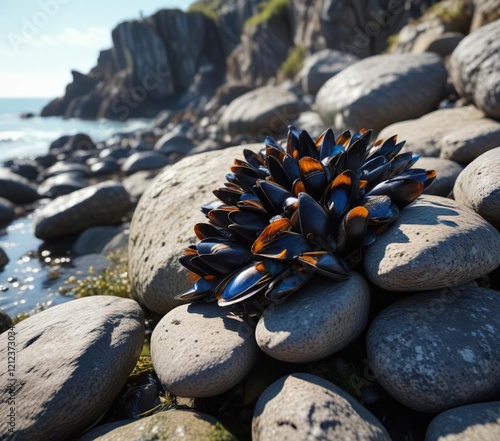 Scenic view of wild blue mussels growing on rocks in Cornwall, intertidal ecosystem, marine reserve, aquatic habitat, shellfish harvesting photo