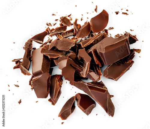 Milk chocolate pieces isolated on white background from top view. Pile of broken chcolate chunks and crumbs photo