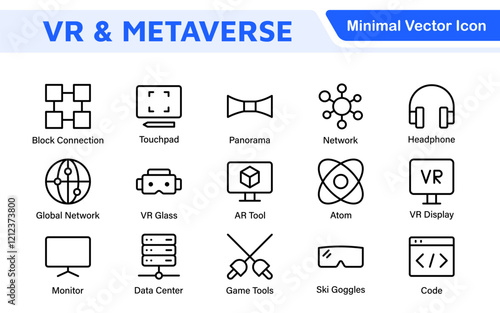 Virtual Reality and Metaverse Icon Set. A cutting-edge collection of icons designed to enhance immersive experiences, perfect for VR apps, gaming platforms, and digital worlds.