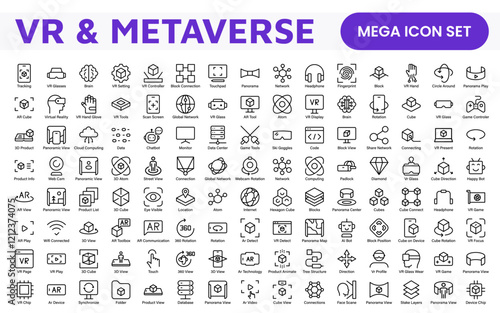 Virtual Reality and Metaverse Icon Set. A cutting-edge collection of icons designed to enhance immersive experiences, perfect for VR apps, gaming platforms, and digital worlds.