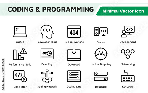 Programming coding set of web icons in line style. Software development icons for web and mobile app. Code, api, programmer, developer, information technology, coder and more.