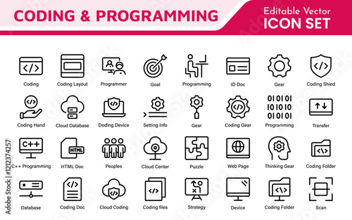 Programming coding set of web icons in line style. Software development icons for web and mobile app. Code, api, programmer, developer, information technology, coder and more.