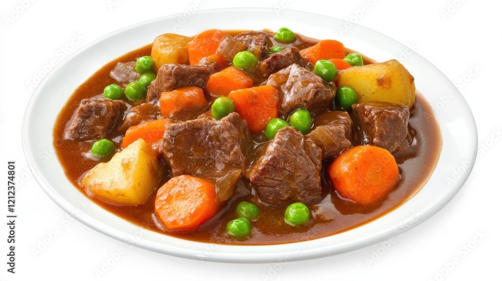 A plate of hearty beef stew served with chunks of tender beef, carrots, potatoes A plate of hearty beef stew served with chunks of tender beef, carrots, potatoes
