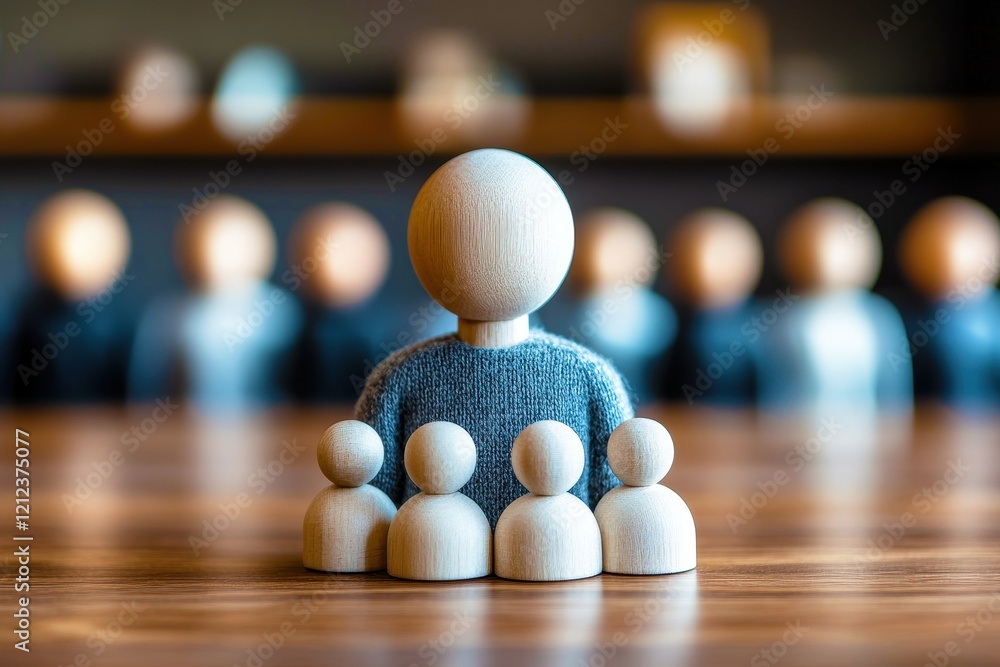 Leadership and Team: A symbolic image of a leader figure standing prominently before a group of smaller figures, representing guidance, mentorship, and team dynamics. Leadership and Team: A symbolic image of a leader figure standing prominently before a group of smaller figures, representing guidance, mentorship, and team dynamics.