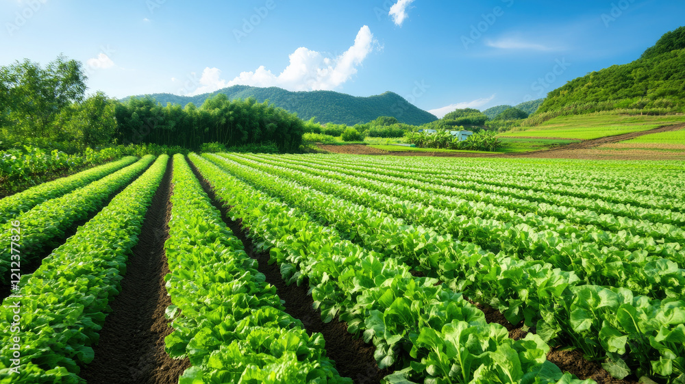 Lush green vegetable farm with rows of crops under bright blue sky and mountain backdrop Lush green vegetable farm with rows of crops under bright blue sky and mountain backdrop