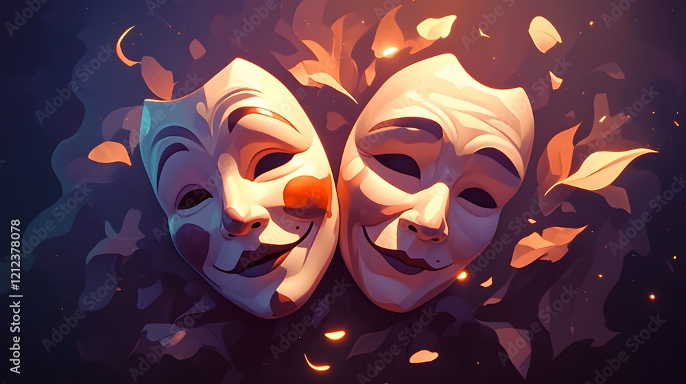 A comedy and tragedy theatrical mask illustration set against a dark background