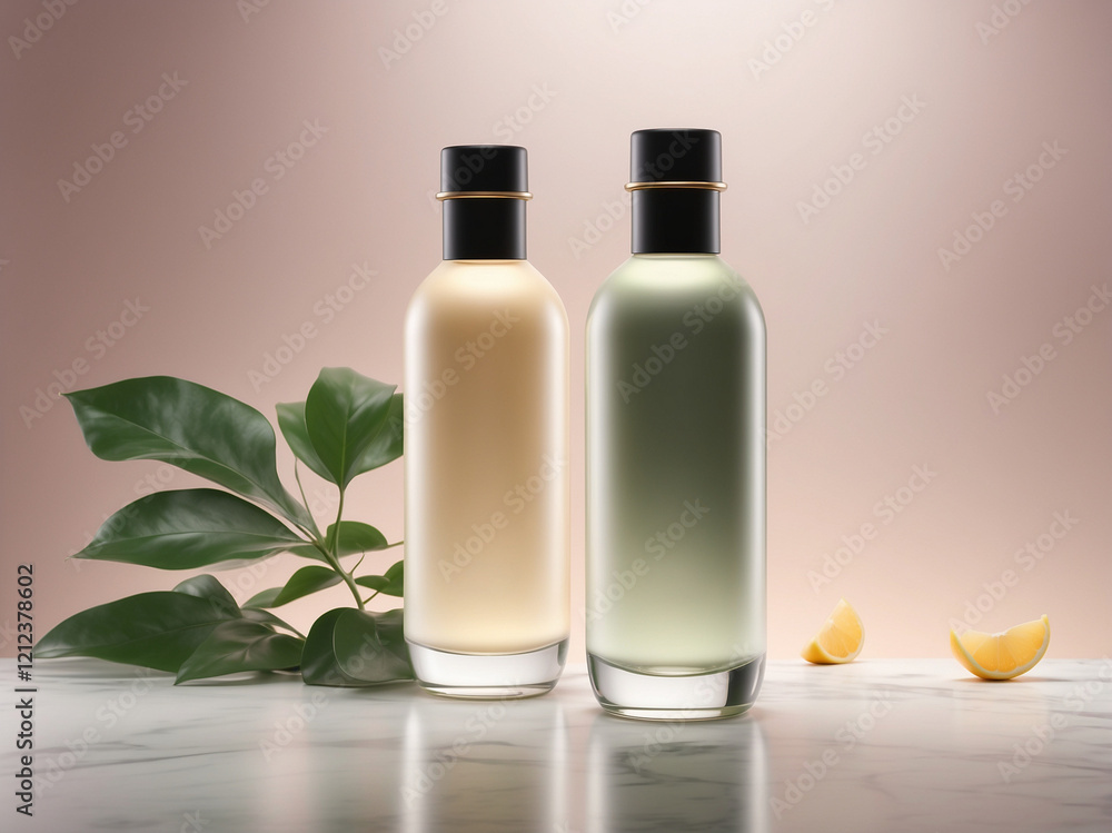 Mockup of a sleek, transparent glass with a sleek gradient of green and yellow, resembling natural citrus tones, frosted glass texture with soft, subtle embossing on the label Mockup of a sleek, transparent glass with a sleek gradient of green and yellow, resembling natural citrus tones, frosted glass texture with soft, subtle embossing on the label