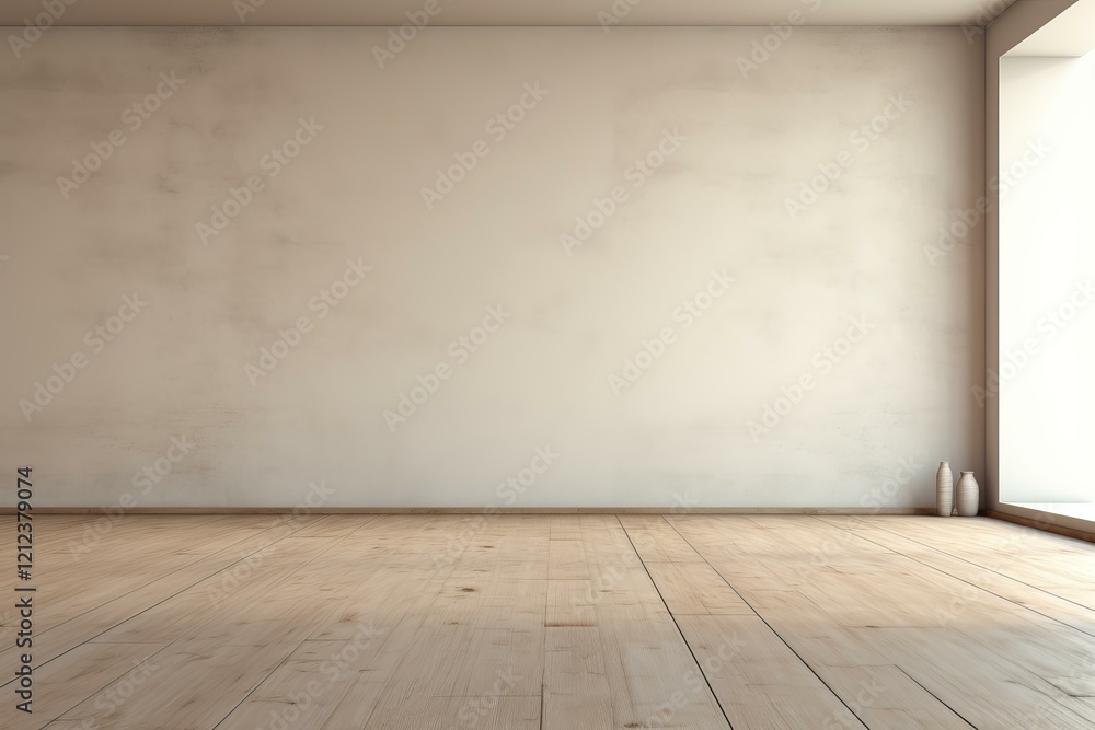 Interior of empty room with wooden floor and beige wall illuminated by sunlight Interior of empty room with wooden floor and beige wall illuminated by sunlight