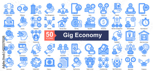 Gig Economy Icon Collection Set.Containing Employment, Efficiency, Outsource, Time management, Crowdsourcing, Virtual Assistant, Work, Gig work icon. Simple blue style Vector Illustration.	