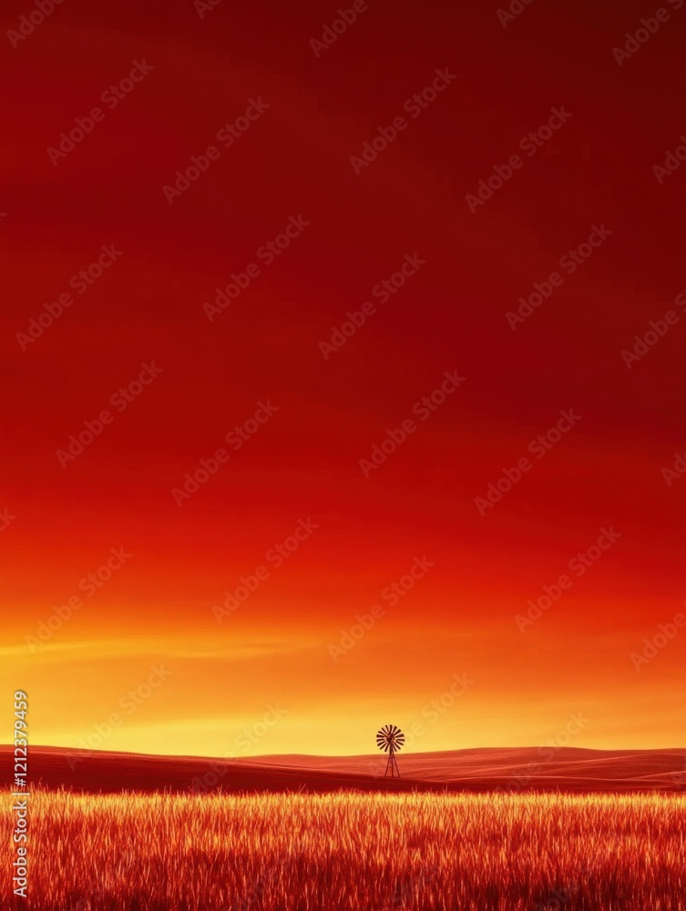 Fototapeta premium A lone tree stands against a vibrant sunset sky, casting warm hues over a golden field, creating a serene and picturesque landscape.