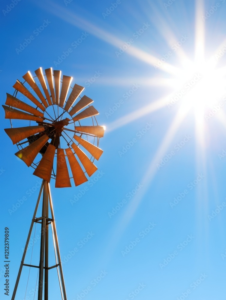 A bright blue sky serves as a backdrop for a rustic windmill, showcasing its blades against the sunlight, symbolizing renewable energy and rural charm. A bright blue sky serves as a backdrop for a rustic windmill, showcasing its blades against the sunlight, symbolizing renewable energy and rural charm.