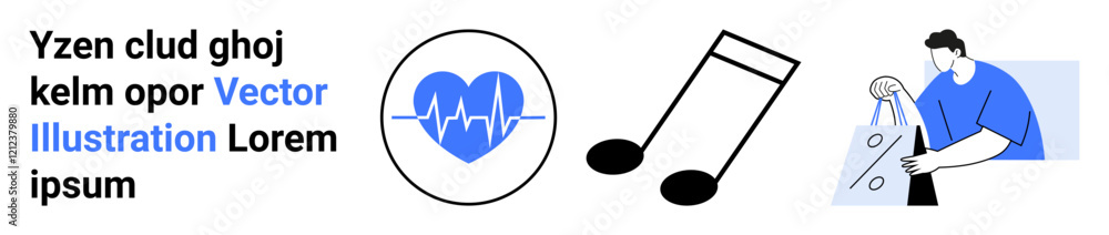 Heartbeat symbol on blue heart, black musical notes, and person holding shopping bag. Ideal for health, wellness, music, lifestyle, e-commerce user experiences consumer behavior. Landing page Heartbeat symbol on blue heart, black musical notes, and person holding shopping bag. Ideal for health, wellness, music, lifestyle, e-commerce user experiences consumer behavior. Landing page