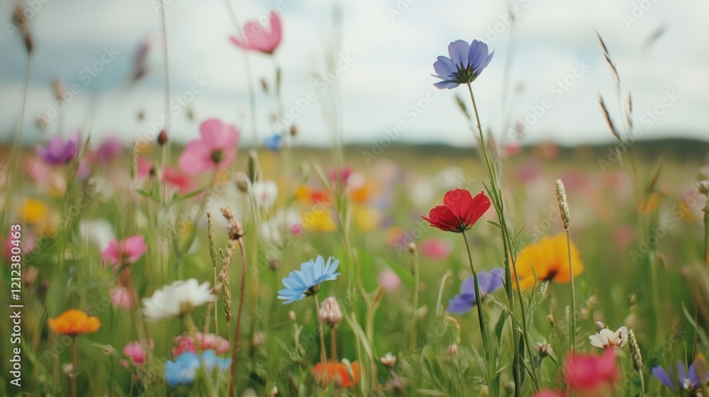 Lush vibrant wildflower meadow bathed in warm summer sunlight a profusion of color and life Lush vibrant wildflower meadow bathed in warm summer sunlight a profusion of color and life
