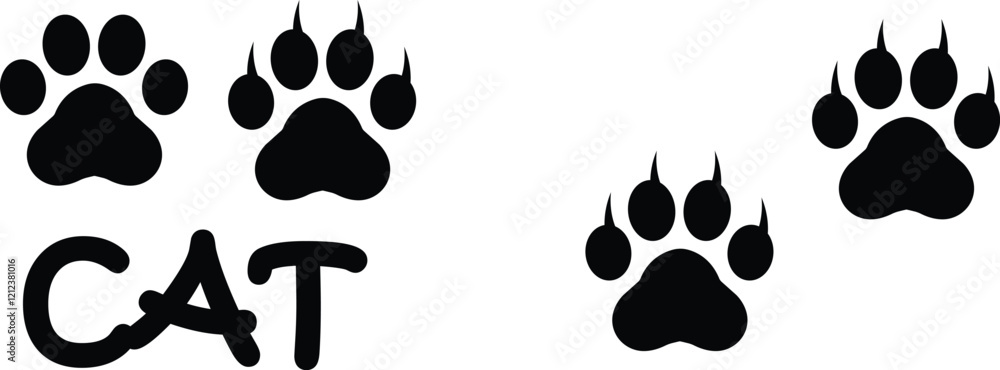 Cat paw print design flat and line icon set. Black vector collection isolated on transparent background. Footprint pet step symbol for animal zoo, vet logo element apps and websites. Cat paw print design flat and line icon set. Black vector collection isolated on transparent background. Footprint pet step symbol for animal zoo, vet logo element apps and websites.