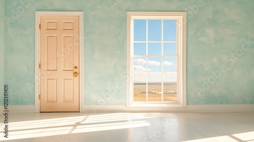 Pastel room with door  window  and scenic view  home staging