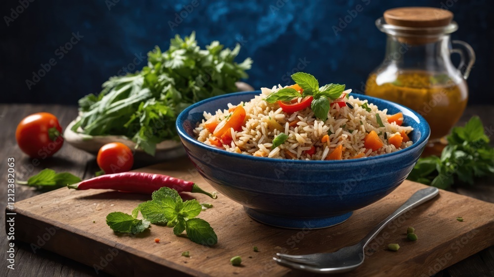 A vibrant bowl of rice with vegetables, garnished with herbs, set on a rustic wooden table. A vibrant bowl of rice with vegetables, garnished with herbs, set on a rustic wooden table.
