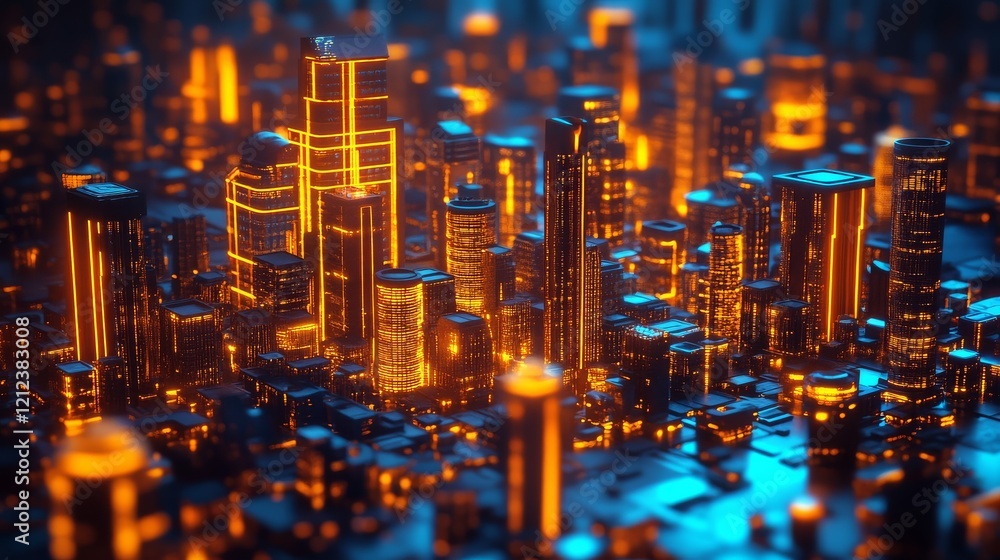 Obraz premium Explore the stunning interplay of light and architecture in a night-time city.