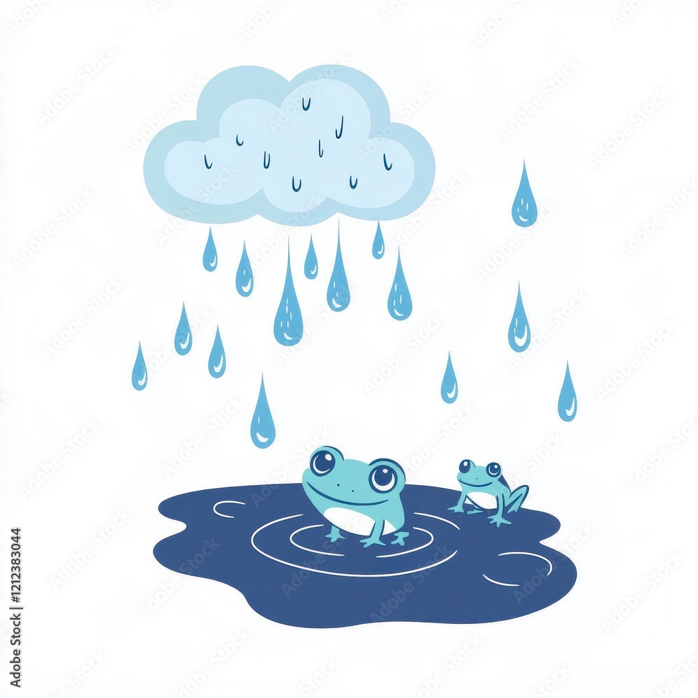 Raindrop and frog playtime simple flat style nature illustration white background whimsical concept Raindrop and frog playtime simple flat style nature illustration white background whimsical concept
