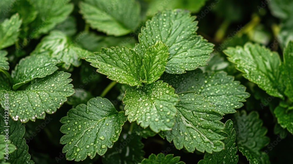 Close-up of lush green leaves with water droplets. Close-up of lush green leaves with water droplets.