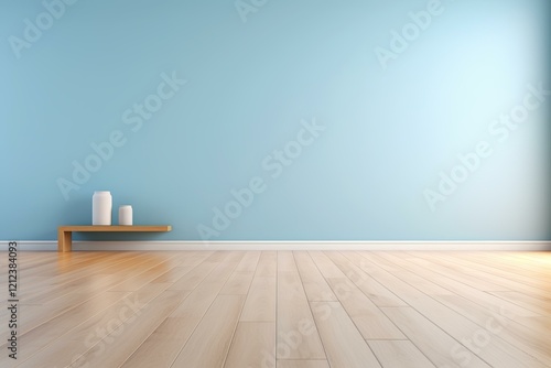 Interior design featuring a minimalist room with light blue wall  wooden shelf  white vases  and parquet flooring