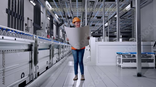 Full Body Of Asian Female Engineer With Safety Helmet Looking At Blueprint In Her Hands And Looking Around With Water Production in Bottling Factory photo