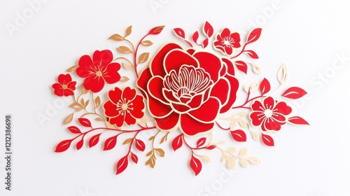 Intricate red and gold jianzhi paper cutting floral design decorative art white background elegant concept photo