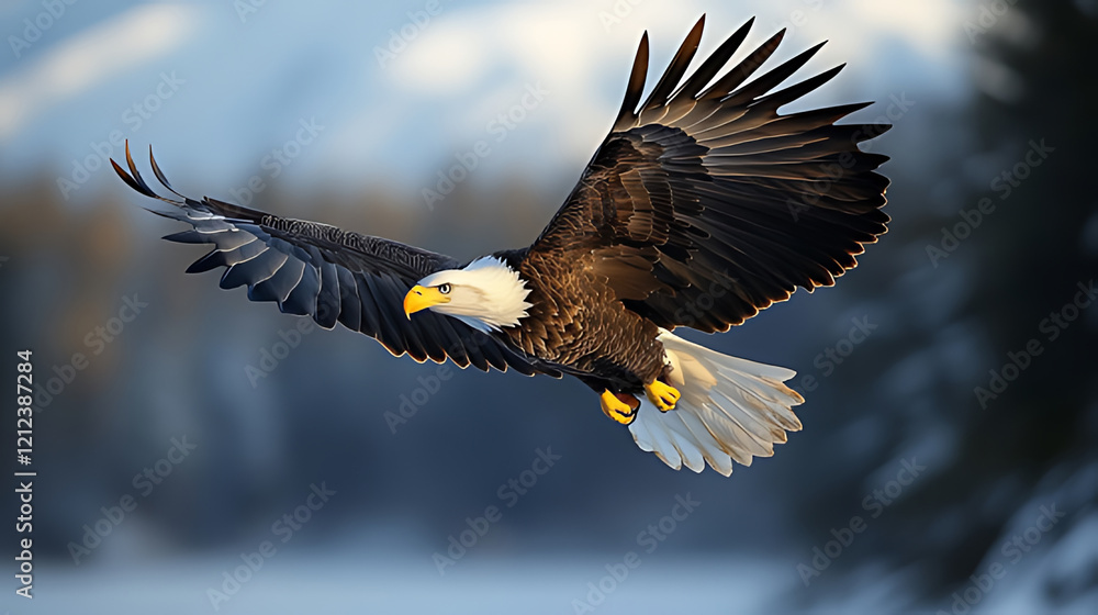 Fototapeta premium Majestic eagle soaring, winter mountain backdrop, wildlife photography, nature documentary