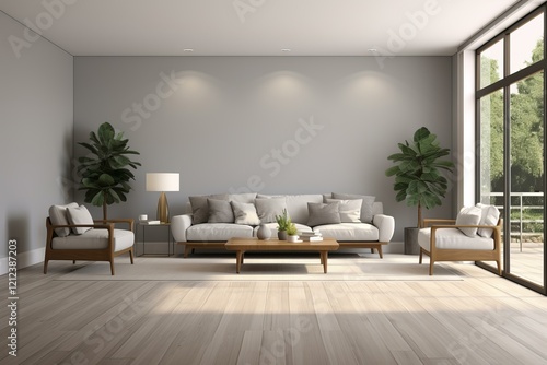 Modern living room with comfortable furniture  plants and natural light creating a relaxing and stylish atmosphere