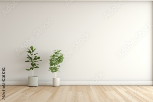 Minimalist interior design featuring two potted plants against a clean white wall in an empty room with a light wooden floor