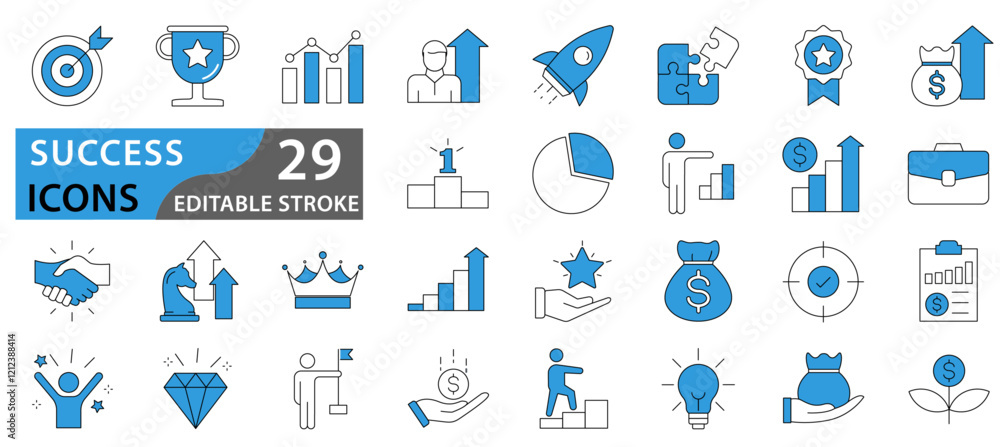 Fototapeta premium Success icon set. Successful business development, plan and process symbol. Icons vector collection.