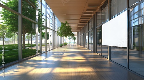 Modern Glass Corridor with Blank Signage and Greenery