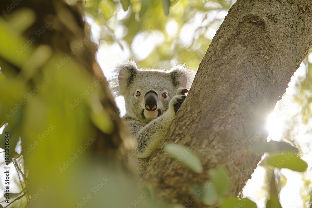 Obraz premium A curious koala bear climbing a eucalyptus tree.