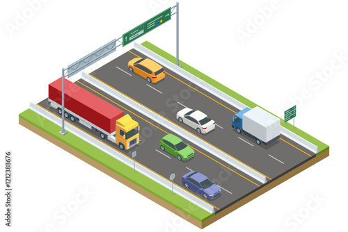 Cars and trucks move on a divided expressway with directional signs overhead. The lanes are well-marked, ensuring organized traffic flow. An isometric vector design. Highway, expressway, motorway
