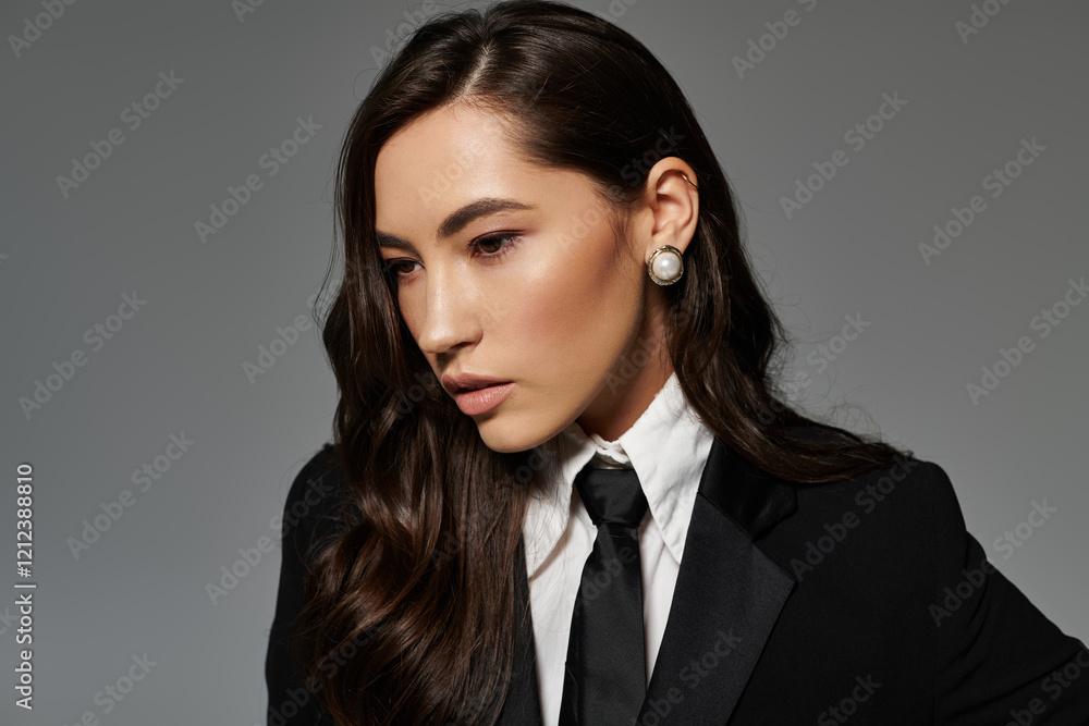 Fashionable young woman showcasing her long brown hair and stylish outfit in a contemporary studio. Fashionable young woman showcasing her long brown hair and stylish outfit in a contemporary studio.