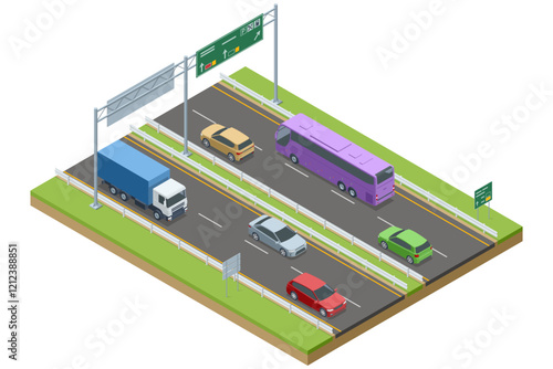 A vibrant expressway scene featuring cars, trucks, and a large purple bus. Directional and parking signs guide the traffic on a well-structured motorway. Isometric vector view. Highway, expressway