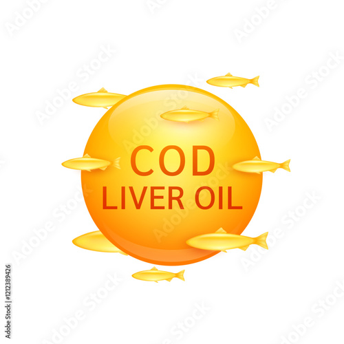 Orange cod liver oil or Omega 3 fatty acids on white background. Extracted from nature salmon. Vitamins collagen essential to the health for the body. For dietary nutritional supplement. Vector.