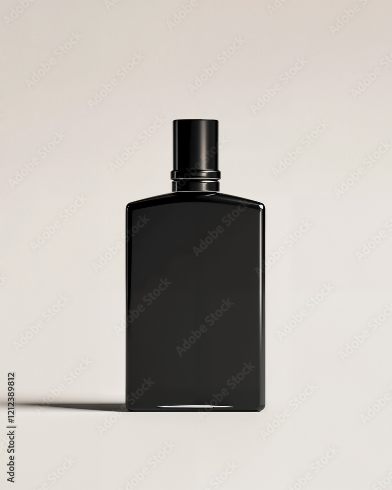 Minimalist black bottle on a neutral background highlighting modern design and elegance in perfume packaging Minimalist black bottle on a neutral background highlighting modern design and elegance in perfume packaging