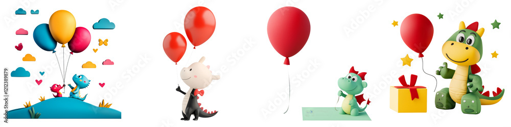 Fototapeta premium cute cartoon and clipart concept. Colorful cartoon characters play with balloons in a festive scene. on Transparent background.