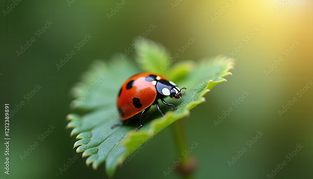 A vibrant ladybug with a red shell and black spots is perched on a green leaf, set against a blurred background with warm light. This image captures the essence of spring and the beauty of nature A vibrant ladybug with a red shell and black spots is perched on a green leaf, set against a blurred background with warm light. This image captures the essence of spring and the beauty of nature
