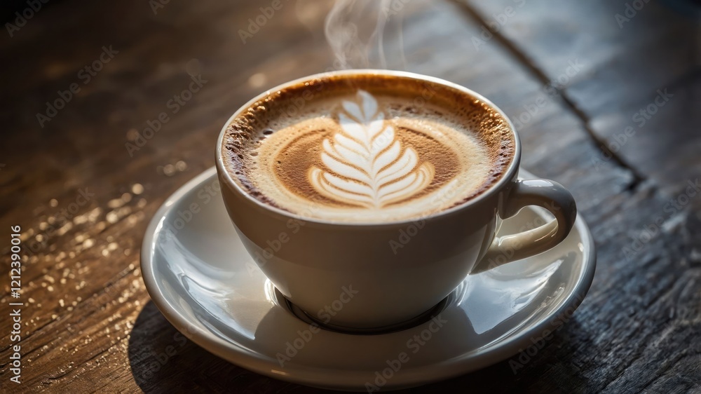 A steaming cup of coffee with latte art on a wooden table. A steaming cup of coffee with latte art on a wooden table.