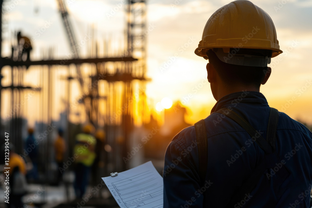 Construction Worker at Sunset: A construction worker stands silhouetted against a breathtaking sunset, holding blueprints as he oversees the progress of a massive construction site. Construction Worker at Sunset: A construction worker stands silhouetted against a breathtaking sunset, holding blueprints as he oversees the progress of a massive construction site.