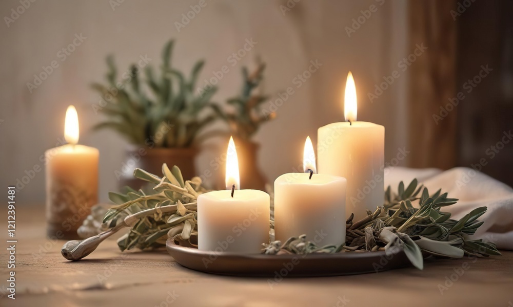 Soft focus image of burning white sage and candles, deep relaxation, cleanse aura, peace of mind, mental clarity, wind down Soft focus image of burning white sage and candles, deep relaxation, cleanse aura, peace of mind, mental clarity, wind down
