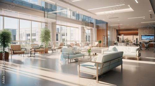 Modern office lounge with comfortable seating and large windows  bathed in natural light.